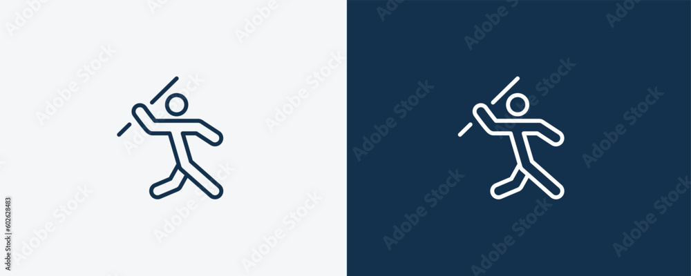 man throwing javelin icon. Outline man throwing javelin icon from behavior and action collection. Linear vector isolated on white and dark blue background. Editable man throwing javelin symbol.
