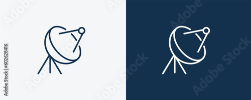 satellite tv dish icon. Outline satellite tv dish icon from cinema and theater collection. Linear vector isolated on white and dark blue background. Editable satellite tv dish symbol.