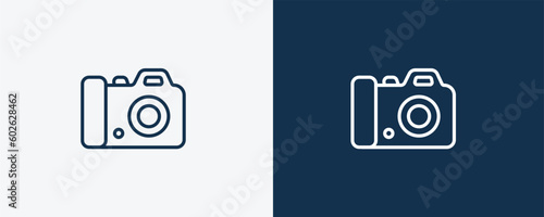 dslr camera icon. Outline dslr camera icon from cinema and theater collection. Linear vector isolated on white and dark blue background. Editable dslr camera symbol.
