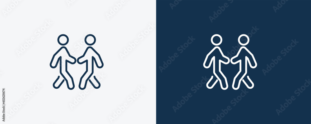 two men meeting icon. Outline two men meeting icon from behavior and action collection. Linear vector isolated on white and dark blue background. Editable two men meeting symbol.