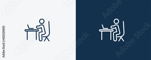man working at desk icon. Outline man working at desk icon from behavior and action collection. Linear vector isolated on white and dark blue background. Editable man working at desk symbol.