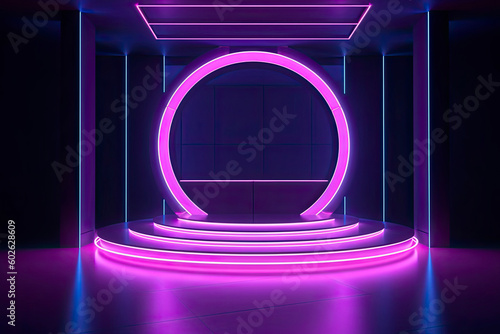 Fototapeta Naklejka Na Ścianę i Meble -  Neon light room with round stage in the center, 3d rendering. Computer digital drawing.
