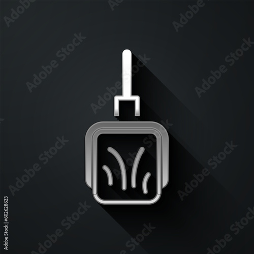 Silver Dustpan icon isolated on black background. Cleaning scoop services. Long shadow style. Vector