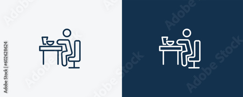 man eating icon. Outline man eating icon from behavior and action collection. Linear vector isolated on white and dark blue background. Editable man eating symbol.