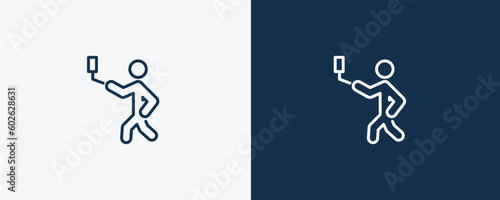 man selfie icon. Outline man selfie icon from behavior and action collection. Linear vector isolated on white and dark blue background. Editable man selfie symbol.