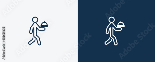 waiter with food tray icon. Outline waiter with food tray icon from behavior and action collection. Linear vector isolated on white and dark blue background. Editable waiter with food tray symbol.