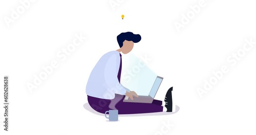 Man Working on a Laptop,Drinking Coffee 2D Animation. White Background. Freelance Concept. 4K