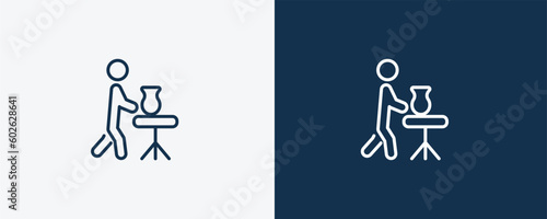 man doing pottery icon. Outline man doing pottery icon from behavior and action collection. Linear vector isolated on white and dark blue background. Editable man doing pottery symbol.