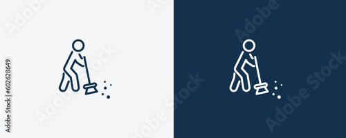 man sweeping icon. Outline man sweeping icon from behavior and action collection. Linear vector isolated on white and dark blue background. Editable man sweeping symbol.