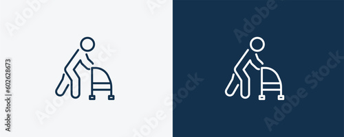 old man with cane icon. Outline old man with cane icon from behavior and action collection. Linear vector isolated on white and dark blue background. Editable old man with cane symbol.