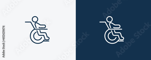 man on wheelchair icon. Outline man on wheelchair icon from behavior and action collection. Linear vector isolated on white and dark blue background. Editable man on wheelchair symbol.