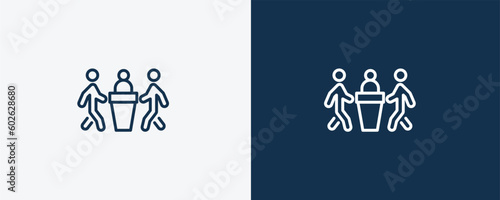 three men conference icon. Outline three men conference icon from behavior and action collection. Linear vector isolated on white and dark blue background. Editable three men conference symbol.