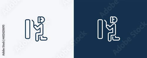 man welding icon. Outline man welding icon from behavior and action collection. Linear vector isolated on white and dark blue background. Editable man welding symbol.