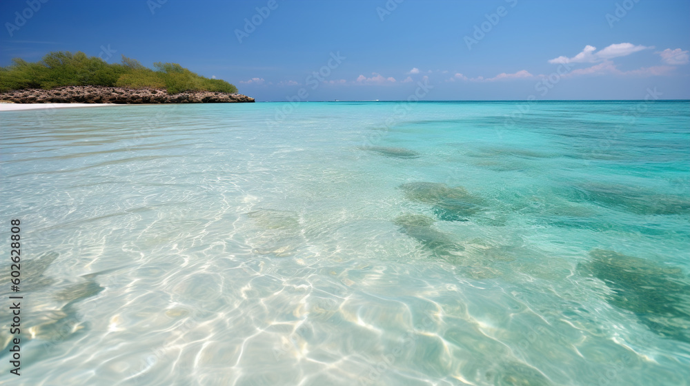 wide shallow beach with crystal clear sea water, see through white sand bed at the bottom and an isolated small green island