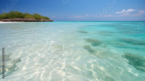 wide shallow beach with crystal clear sea water, see through white sand bed at the bottom and an isolated small green island