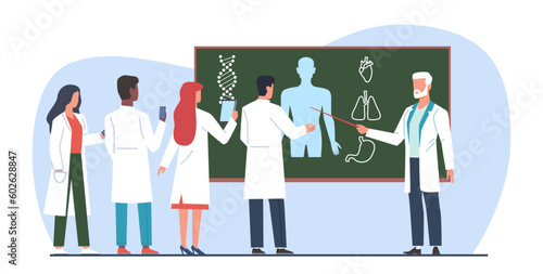 Senior science professor near blackboard leads class to group of student interns. medical college education. Men and women in uniform studing. Cartoon flat style isolated vector concept