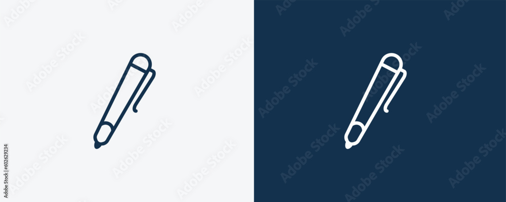 ballpoint pen icon. Outline ballpoint pen, pen icon from education collection. Linear vector isolated on white and dark blue background. Editable ballpoint pen symbol. ballpoint pen icon. Outline ballpoint pen, pen icon from education collection. Linear vector isolated on white and dark blue background. Editable ballpoint pen symbol.