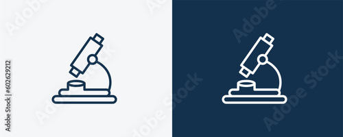 biology microscope icon. Outline biology microscope, biology icon from education collection. Linear vector isolated on white and dark blue background. Editable biology microscope symbol.