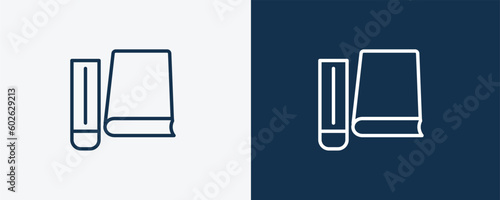 hardbound book icon. Outline hardbound book, bibliophile icon from education collection. Linear vector isolated on white and dark blue background. Editable hardbound book symbol.