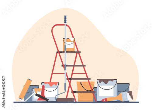 Set of tools for painting walls, painting work paint, stepladder, brush and roller. Change surface color, construction finishing works, cartoon isolated composition. Vector renovation concept