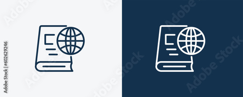 international studies icon. Outline international studies, education icon from education collection. Linear vector isolated on white and dark blue background. Editable international studies symbol.