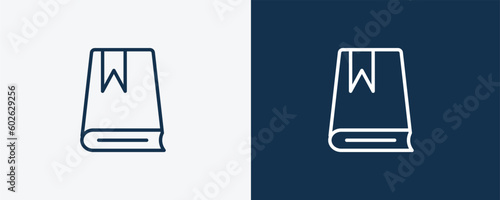 book with bookmark icon. Outline book with bookmark, bookmark icon from education collection. Linear vector isolated on white and dark blue background. Editable book with bookmark symbol.