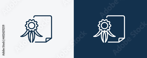 diploma with seal icon. Outline diploma with seal, diploma icon from education collection. Linear vector isolated on white and dark blue background. Editable diploma with seal symbol.