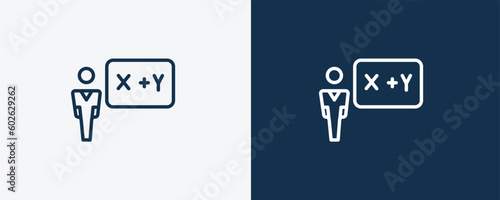 teacher giving lecture icon. Outline teacher giving lecture, teacher icon from education collection. Linear vector isolated on white and dark blue background. Editable teacher giving lecture symbol.