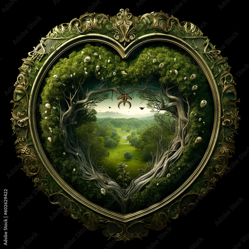 Fototapeta premium Generative AI: grass heart for frame or decoration fantasy background