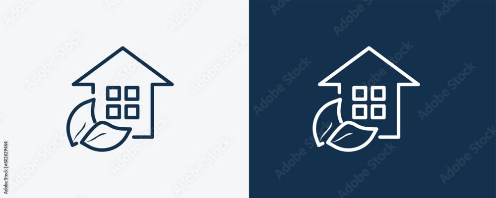 eco house icon. Outline eco house, house icon from ecology collection. Linear vector isolated on white and dark blue background. Editable eco house symbol. eco house icon. Outline eco house, house icon from ecology collection. Linear vector isolated on white and dark blue background. Editable eco house symbol.
