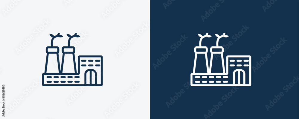 eco factory icon. Outline eco factory, factory icon from ecology collection. Linear vector isolated on white and dark blue background. Editable eco factory symbol.