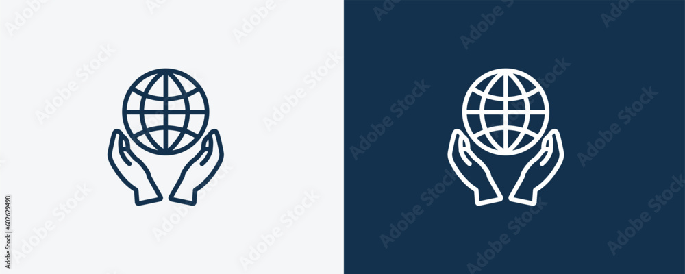 save the earth icon. Outline save the earth, environment icon from ecology collection. Linear vector isolated on white and dark blue background. Editable save the earth symbol. save the earth icon. Outline save the earth, environment icon from ecology collection. Linear vector isolated on white and dark blue background. Editable save the earth symbol.