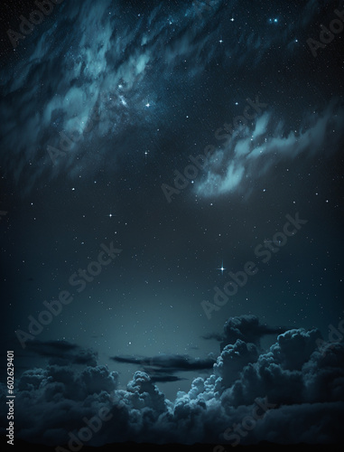 Stars background for National Space Day or World UFO Day. Night starry sky and clouds for astronomy nature banner. Generative AI 