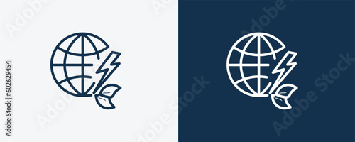 energy globe icon. Outline energy globe, globe icon from ecology collection. Linear vector isolated on white and dark blue background. Editable energy globe symbol.