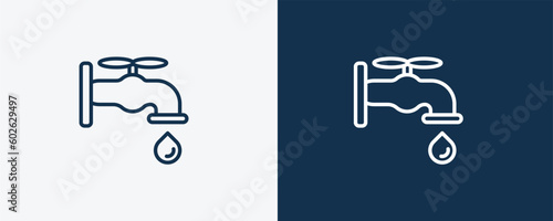 water tap icon. Outline water tap, bathroom icon from ecology collection. Linear vector isolated on white and dark blue background. Editable water tap symbol.