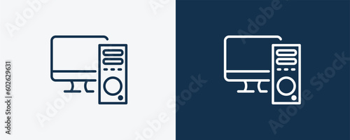 pc with monitor icons. Outline pc with monitor, computer icon from computer and tech collection. Linear vector isolated on white and dark blue background. Editable pc with monitor symbol.