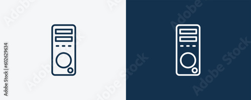 pc tower icons. Outline pc tower, computer icon from computer and tech collection. Linear vector isolated on white and dark blue background. Editable pc tower symbol.