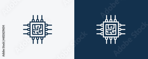 computer chip icons. Outline computer chip, chip icon from computer and tech collection. Linear vector isolated on white and dark blue background. Editable computer chip symbol.