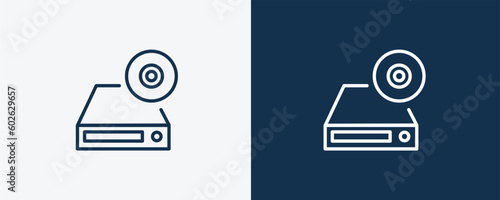 dvd drive icons. Outline dvd drive, drive icon from computer and tech collection. Linear vector isolated on white and dark blue background. Editable dvd drive symbol.