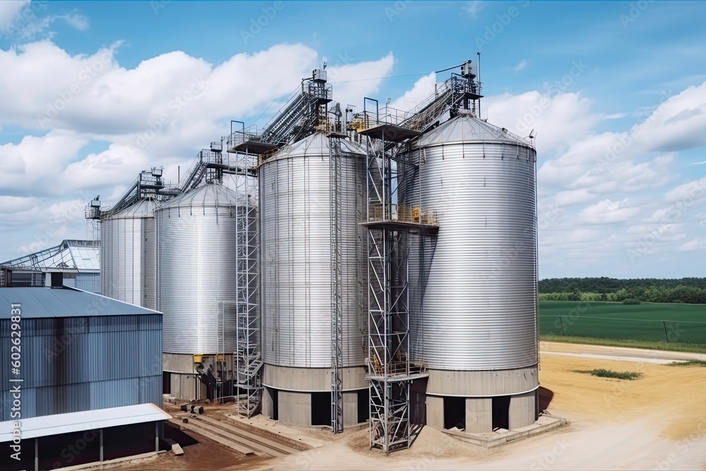 panorama view on agro silos granary elevator on agro-processing manufacturing plant for processing