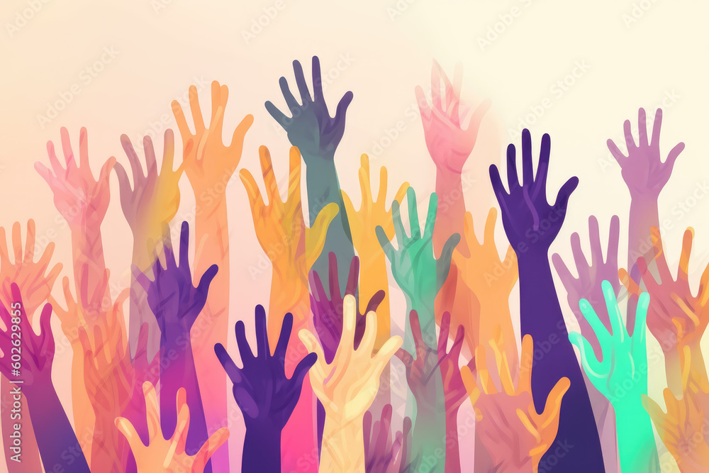 Group of people raising their hands in the air. Colorful Illustration. Human rights. Ai generated image Group of people raising their hands in the air. Colorful Illustration. Human rights. Ai generated image