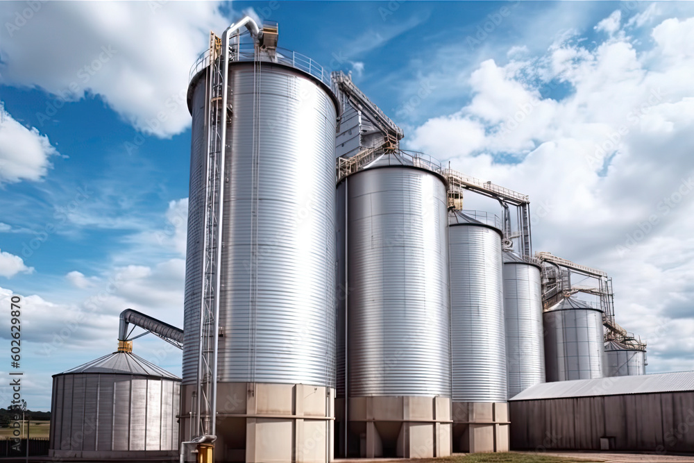 panorama view on agro silos granary elevator on agro-processing manufacturing plant for processing panorama view on agro silos granary elevator on agro-processing manufacturing plant for processing