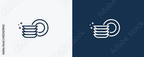 clean dishes icon. Outline clean dishes, clean icon from cleaning collection. Linear vector isolated on white and dark blue background. Editable clean dishes symbol.