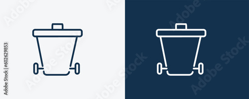wiping trash can icon. Outline wiping trash can, dustpan icon from cleaning collection. Linear vector isolated on white and dark blue background. Editable wiping trash can symbol.