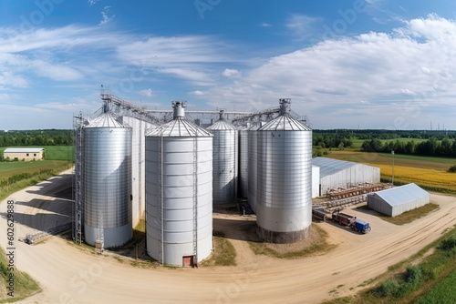 panorama view on agro silos granary elevator on agro-processing manufacturing plant for processing photo