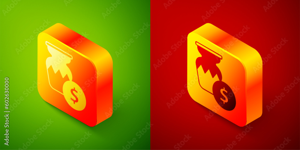 Isometric Auction ancient vase icon isolated on green and red background. Auction bidding. Sale and buyers. Square button. Vector Isometric Auction ancient vase icon isolated on green and red background. Auction bidding. Sale and buyers. Square button. Vector