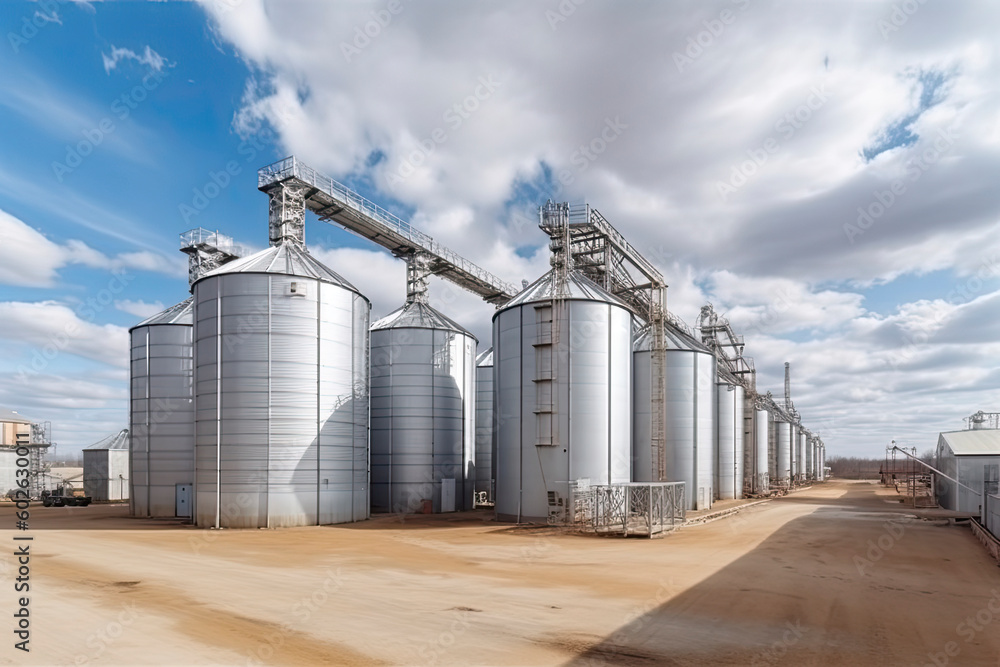 panorama view on agro silos granary elevator on agro-processing manufacturing plant for processing panorama view on agro silos granary elevator on agro-processing manufacturing plant for processing