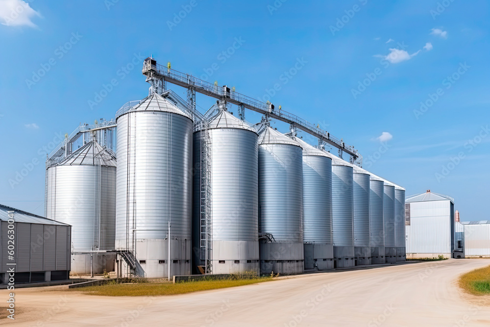 panorama view on agro silos granary elevator on agro-processing manufacturing plant for processing panorama view on agro silos granary elevator on agro-processing manufacturing plant for processing