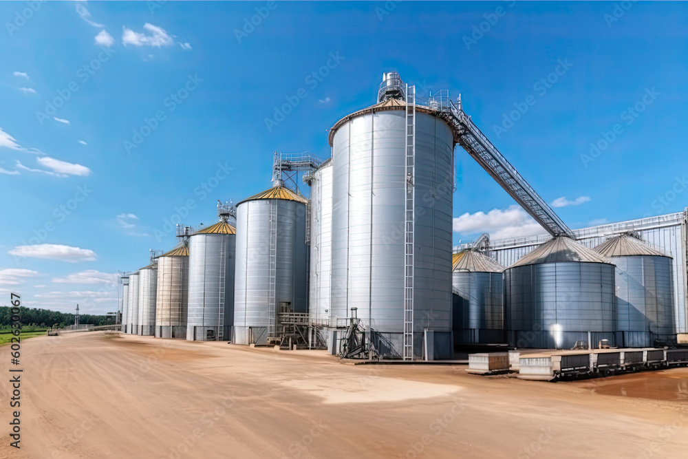 panorama view on agro silos granary elevator on agro-processing manufacturing plant for processing panorama view on agro silos granary elevator on agro-processing manufacturing plant for processing