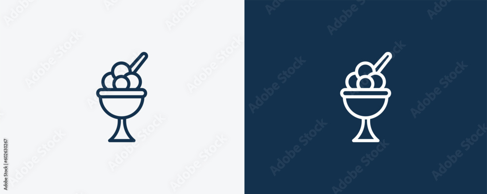 ice cream balls cup icon. Outline ice cream balls cup icon from restaurant collection. Linear vector isolated on white and dark blue background. Editable ice cream balls cup symbol. ice cream balls cup icon. Outline ice cream balls cup icon from restaurant collection. Linear vector isolated on white and dark blue background. Editable ice cream balls cup symbol.
